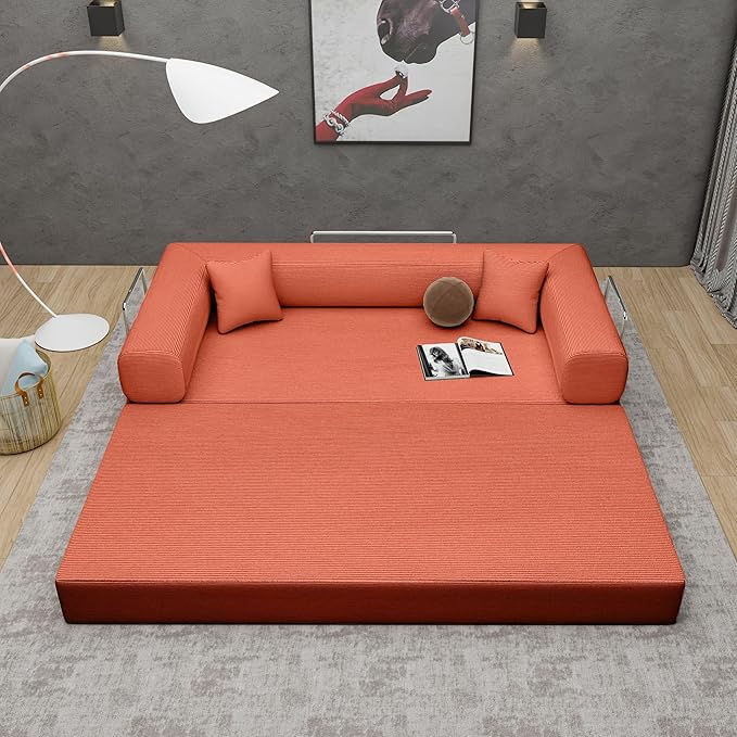 Convertible Couch Sofa Bed Foldable Floor Sleeper | All High-Density 35D Foam | Fold Out Deep Seat Couch | King Size | Compression Sofa Sleeper for Living Room, Bedroom | Corduroy Orange