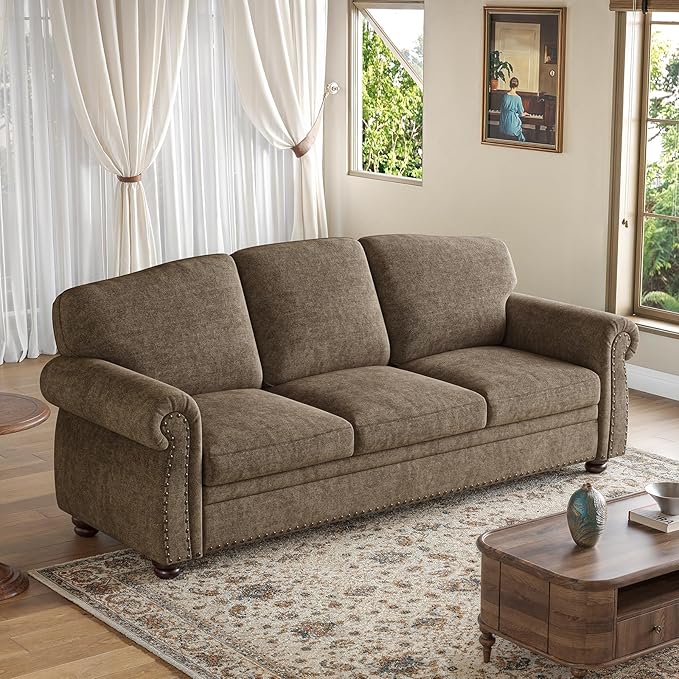 ONBRILL 90 Inch Nailhead Trim Couch for Living Room, 23 Inch Deep Seat Rolled Arm Sofa, Comfy Upholstered 3 Seater Chenille Couch w/Wooden Leg, Large Traditional Sofa for Farmhouse, Brown