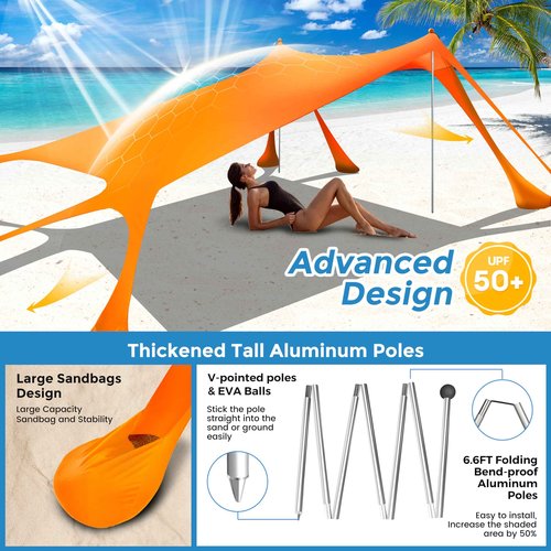 VIONMI Beach Canopy Beach Tent Pop Up Shade 10x10ft Sun Shelter UPF50+ with 8 Sandbags-2 Sand Shovel-4 Aluminum Poles-Ground Pegs-Portable Carrying Bag for Outdoor Family Camping Fishing Yard Picnic