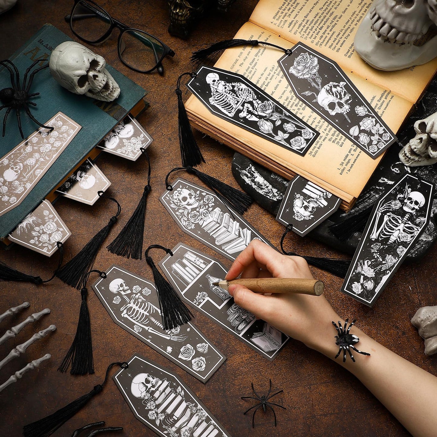 Kolldenn 120 Pcs 12 Styles Gothic Skeleton Coffin Bookmarks Double Sided Book Tracker Skull Horror Bookmark Gothic Book Marker with Black Tassels for Reading Lovers Gifts Accessories (Halloween)