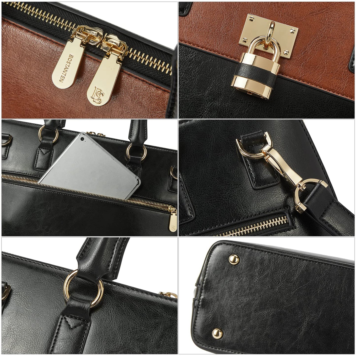 BOSTANTEN Laptop Briefcase for Women 15.6 inch Computer Bag Large Capcity Stylish Leather Handbag Business Work Purse