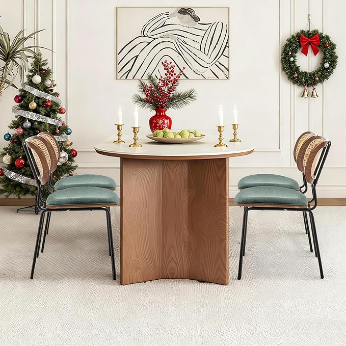 HOCEWI Rattan Dining Chairs Set of 2, Mid Century Modern Dining Chairs with Cane Back for Kitchen Dining Room, 19 Inch Fabric Green