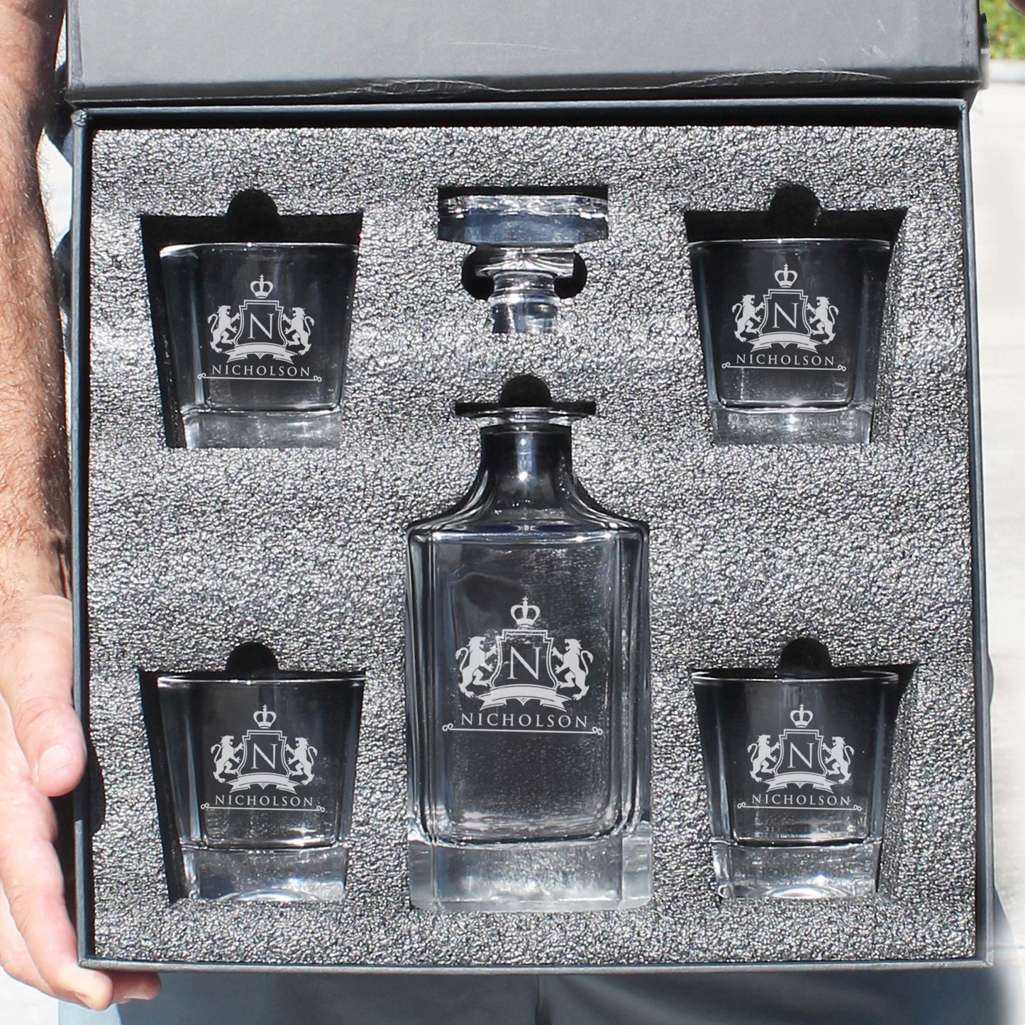 The Wedding Party Store, Custom Engraved Groomsmen - Whiskey Decanter Set and 4 Glasses Set - Personalized and Monogrammed with WPS Styles