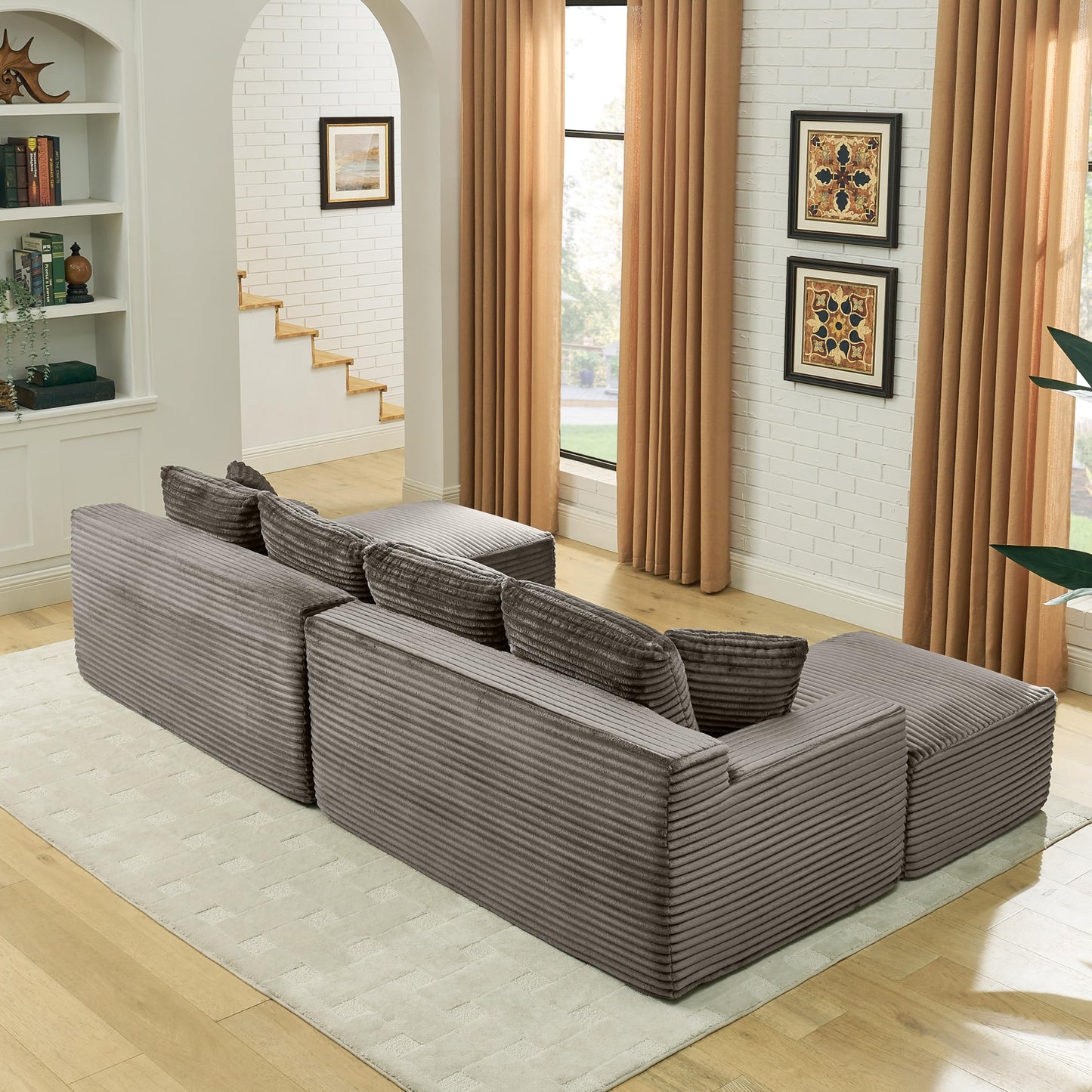 115" U-Shaped Cloud Sectional Couch, Front Facing Modular Compressed Boneless Sectional Sofa with Chaise Lounges, Plush Corduroy Boneless Symmetrical Sofa for Living Room