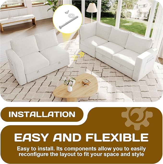 SUAWY 83.5" Sectional Sleeper Sofa with Pull Out Couch, Modern 5 Seat L Shaped Modular Couch, Sectionals Modular Sofa with Storage, Comfy Sectional Couches for Living Room & Apartment, Light Beige