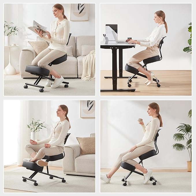 SOMEET Ergonomic Kneeling Chair with Back Support, Kneeling Desk Chair for Home Office with Brake and Gliding Casters, Adjustable Posture Chair with High Back for Desk to Relieve Back Pain, Black PU