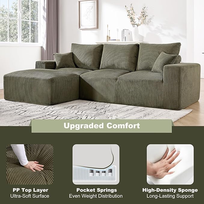 108" Modular Sectional Sofa, Compression Sofa with Deep Seat, Modular L-Shape Couch with Chaise, Upholstered Couches for Living Room Bedroom, No Assembly Required (Green Corduroy, 108" L Shape)