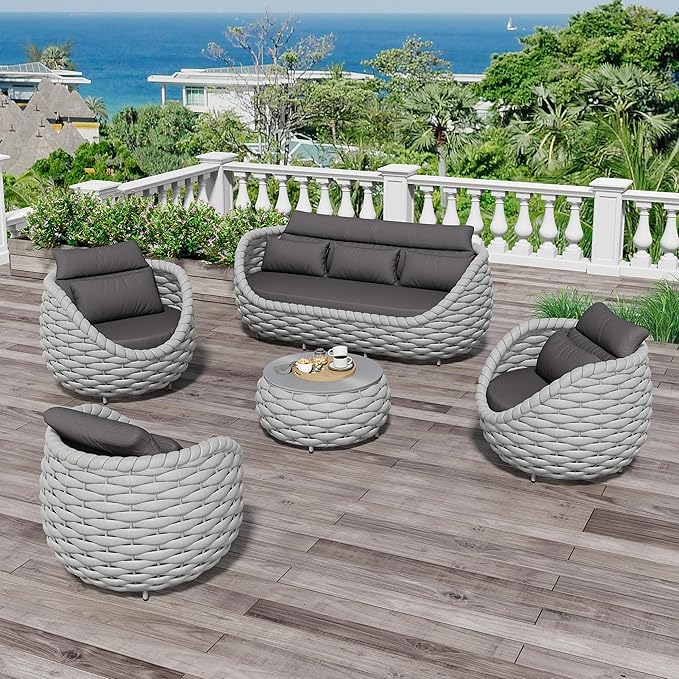 Erotr Aluminum Outdoor Patio Couch Set: 5 Pieces Woven Rope Porch Furniture Sofa Set Cushioned - Metal Modern Deck Conversation Set - All Weather Assembled Courtyard Seating for Backyard Pool Hotel