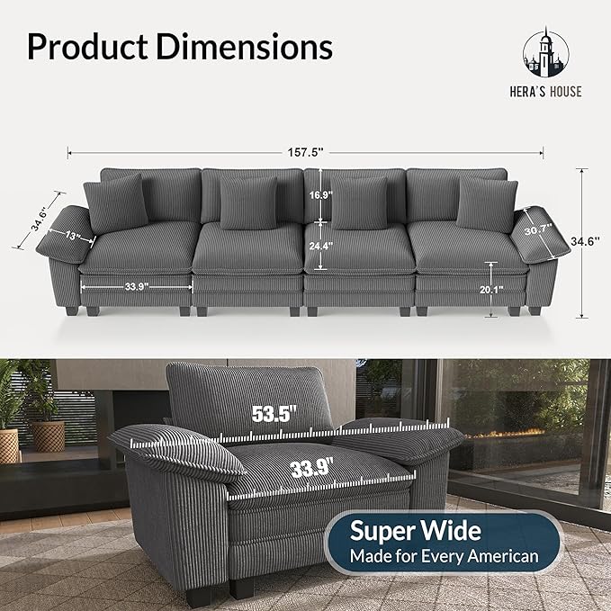 HERA'S HOUSE 158" Modular Sectional Sofa, Oversized Couches for Living Room, Comfy Cloud Couch 4-Seater Deep Seat Sofa with Throw Pillow, Corduroy Grey