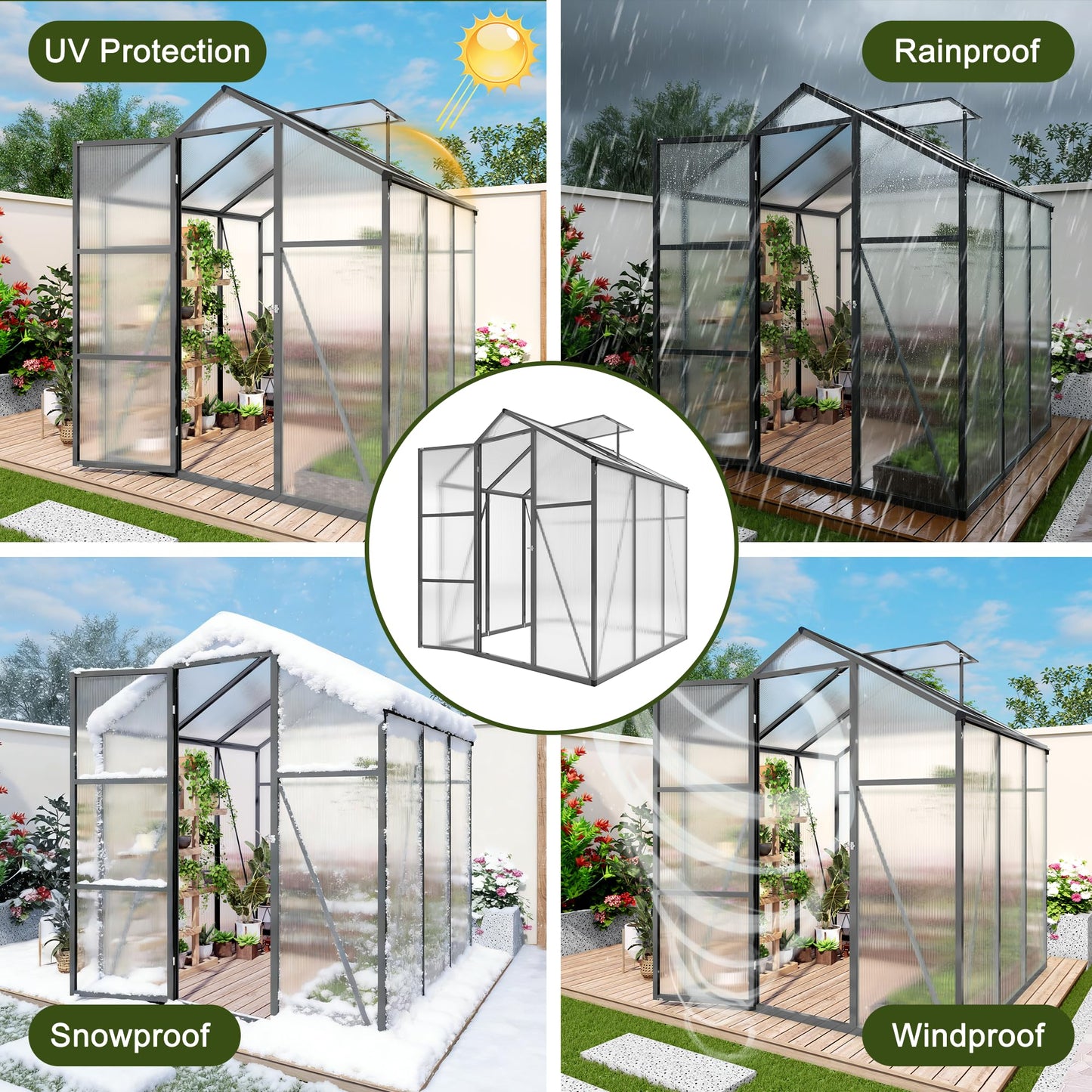 6x14FT Walk-in Polycarbonate Greenhouse Kit, Aluminum Frame Garden Greenhouse with Vent Windows & Rain Gutter, UV Resistant Plant Nursery House for Backyard Patio Plant Growing Shelter Large