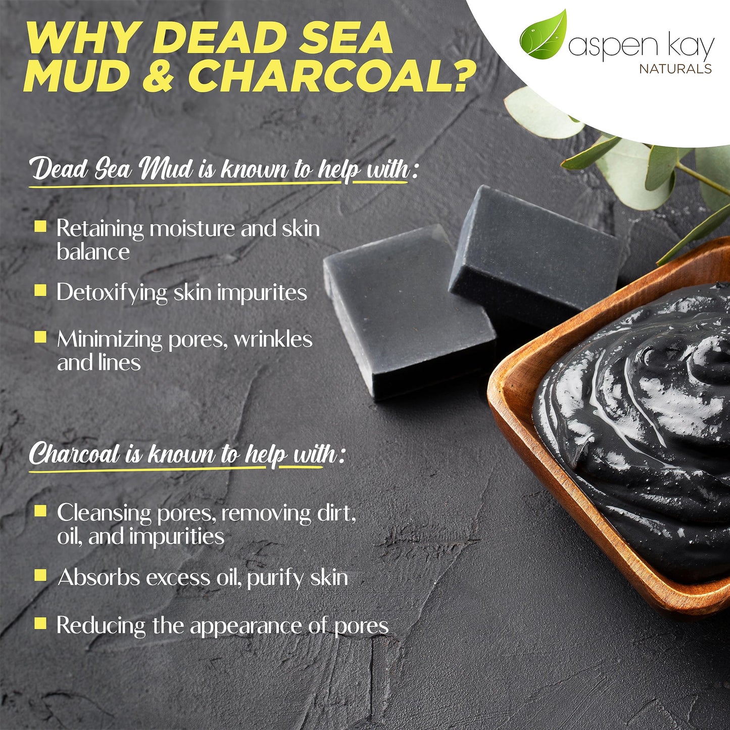 Aspen Kay Naturals Dead Sea Mud and Charcoal Soap Bar. With Organic Shea Butter & Pure Essential Oils. Charcoal Face Wash for Me