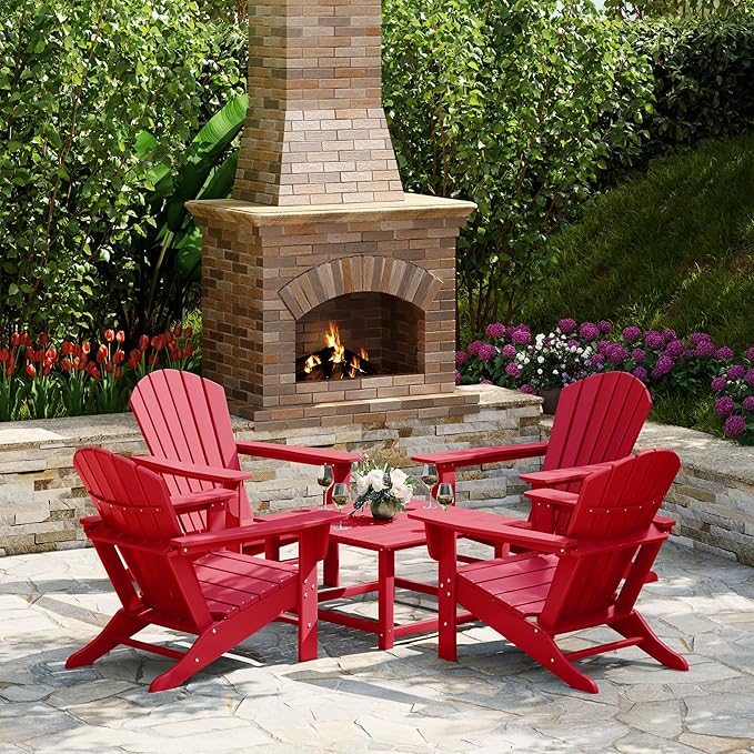 Costaelm Patio Conversation Set, Patio Chairs Set of 5 Balcony Firepit Furniture Outdoor Adirondack Square Table and Chair Backyard Furniture Set for Lawn Porch Pool Garden, Red