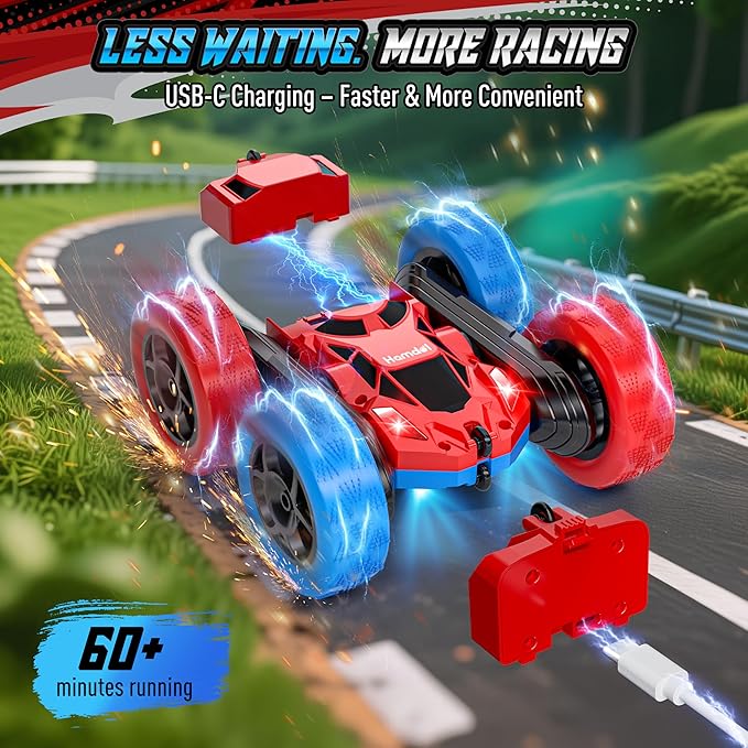 STEM Remote Control Car for Kids, 360° Spinning Double-Sided Coloured Design RC Stunt Car with LED Lights, USB-C Rechargeable Educational Toy for Boys Ages 6–12, Ideal Birthday