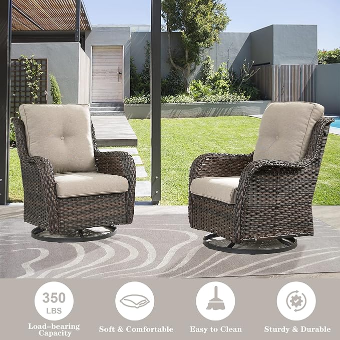 Belord Outdoor Swivel Rcoker Patio Chairs - Outdoor Swivel Patio Chairs Set of 2 Wicker Chair Patio Furniture Sets with Covered Cushion for Porch Deck Balcony Garden, Beige