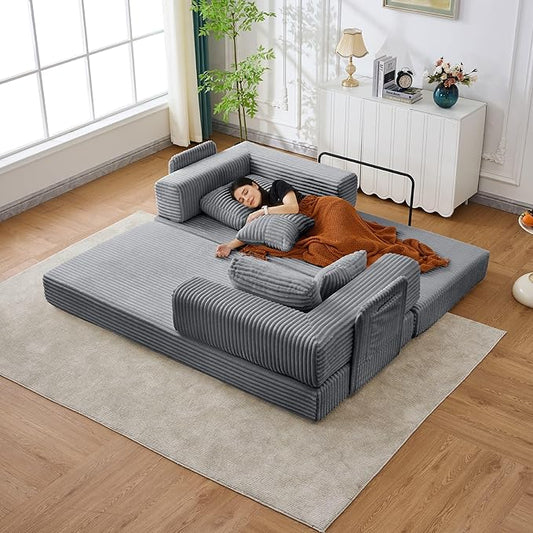 79.5" Folding Convertible Sofa Bed with Side Storage Pockets, 4-in-1 Corduroy Boneless Couch, No Assembly Loveseat Sleeper, Floor Sofa Daybed Futon Couch for Living Room Bedroom Lounge, Grey Upgraded