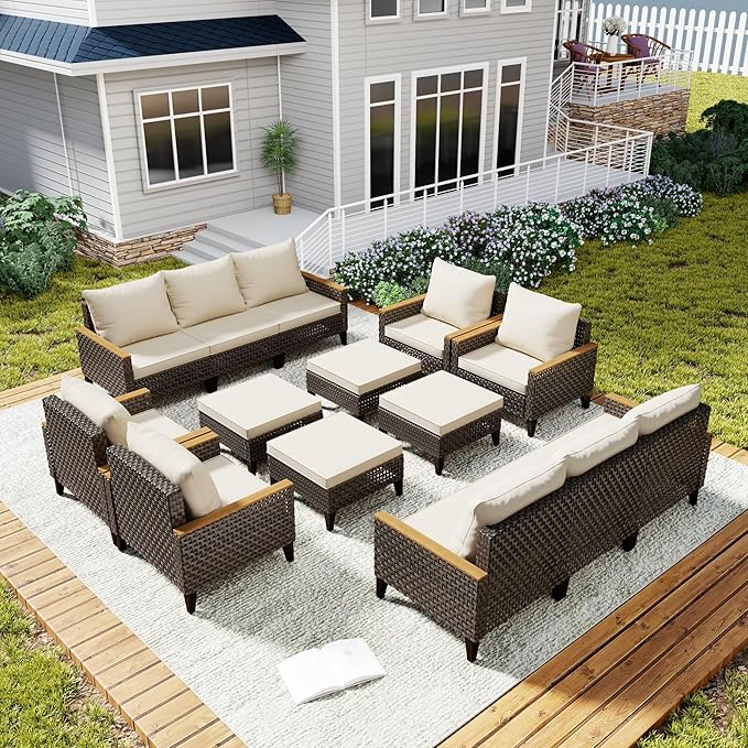 Xmkmvk 14 Piece Patio Sectional Sofa Furniture Set, All-Weather Wicker Rattan Outdoor Conversation Set with High Back and Thick Cushions, for Garden, Porch, Poolside, Beige