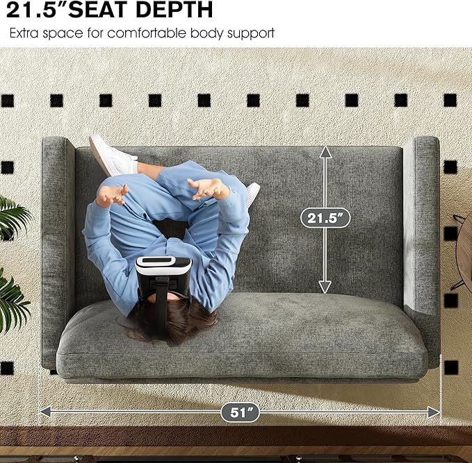 kakuboohi 51" Loveseat Sleeper Sofa Bed, Chenille Convertible Floor Sofa Bed for Small Spaces, Folding Couch Bed with Deep Seat, 2 Pillows & Solid Frame, Pull Out Floor Couch for Living Room, Grey