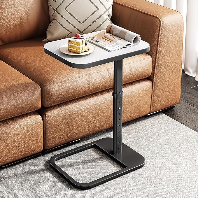 Kitstorack TV Tray Table, Adjustable Height & Rounded Metal Corners, Snack Table for Couch, Sofa, Bed, Chair, Living Room, C Shaped End Side Table for Eating, Dinner or Laptop, Small Spaces, White