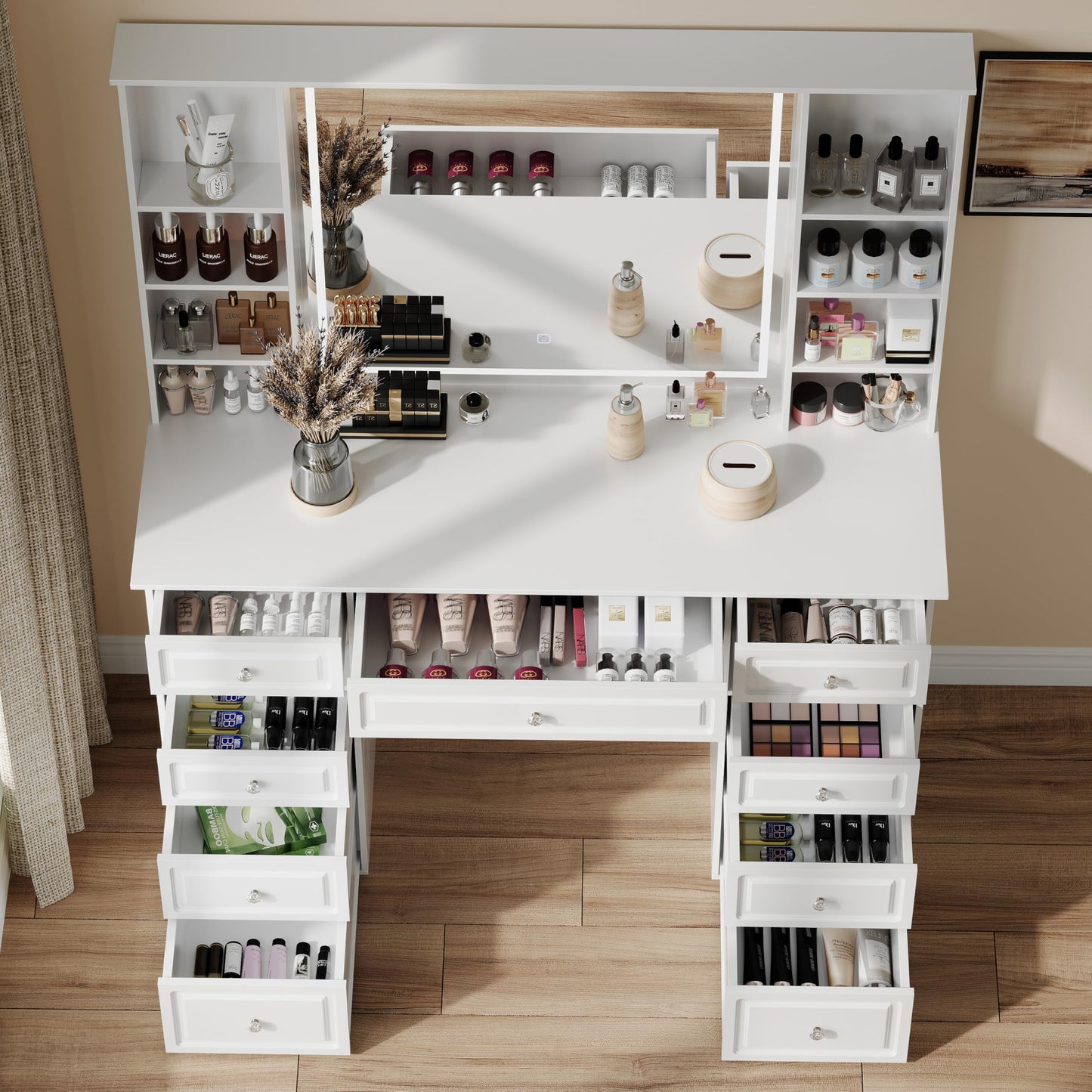 Makeup Vanity Desk with Mirror and Lights, 47" Large Vanity Table with 9 Drawers & 10 Open Storage Shelves, Brightness Adjustable, Dressing Table for Bedroom, Women Girl (White, A Panel)