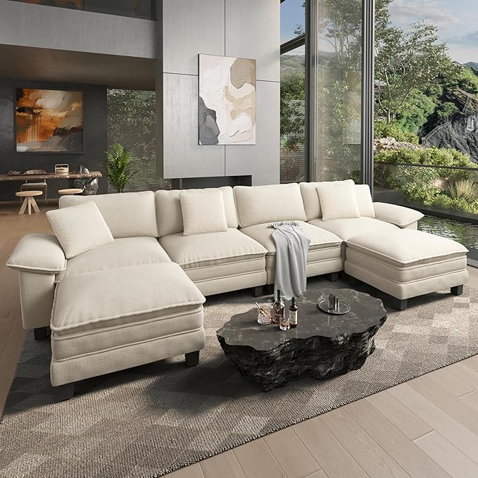 HERA'S HOUSE 158" Modular Sectional Sofa, Oversized U Shaped Couches for Living Room, Comfy Cloud Couch with Ottoman, 6-Seater Deep Seat Sofa with Throw Pillow, Chenille Beige