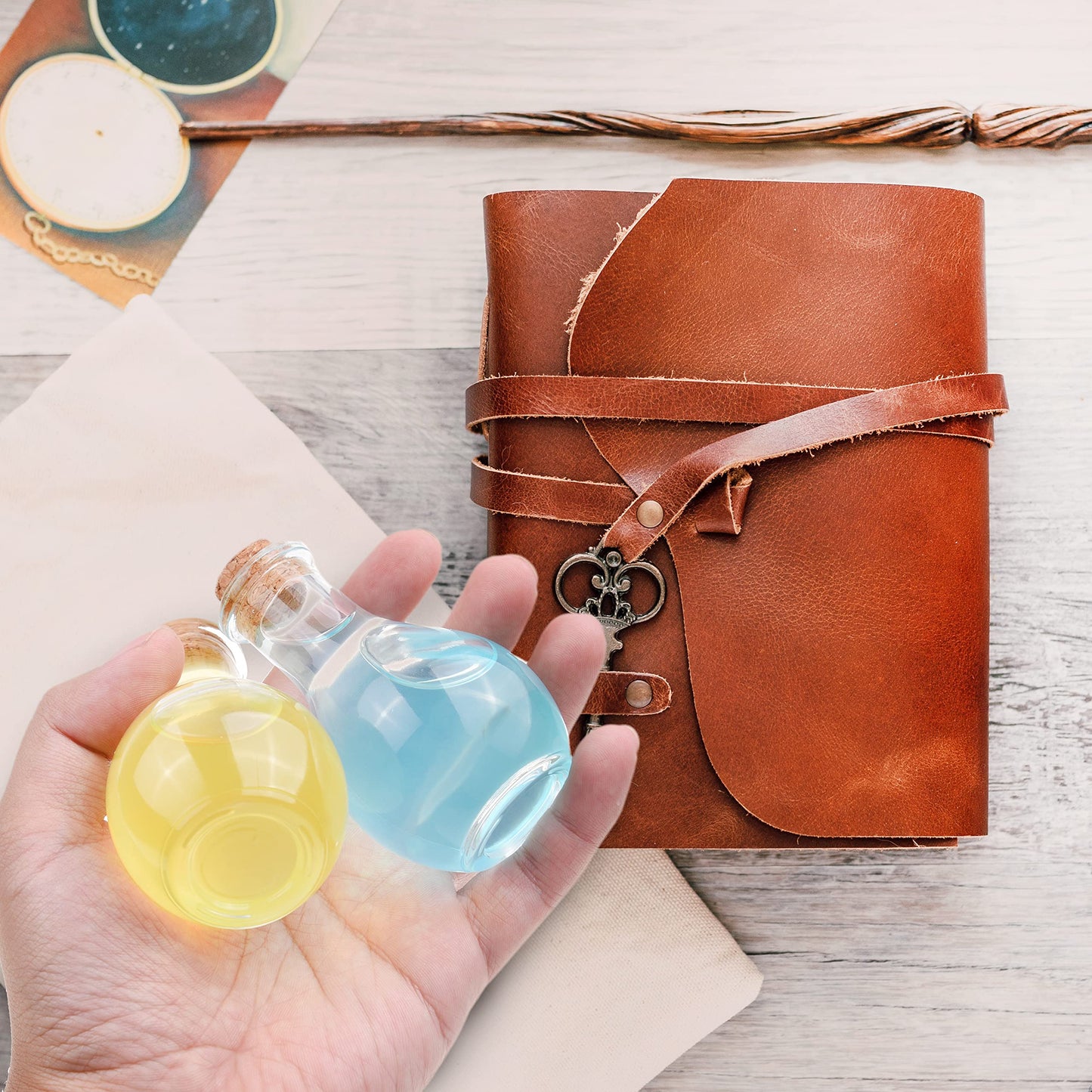 Eco-Fused Cosplay Potion Bottle 2x Small - Clear Spherical Cosplay, Wizard, Witch Costume Accessory - Incl. Cork Stopper, Black Faux Leather Sleeve Holder, Belt Loop