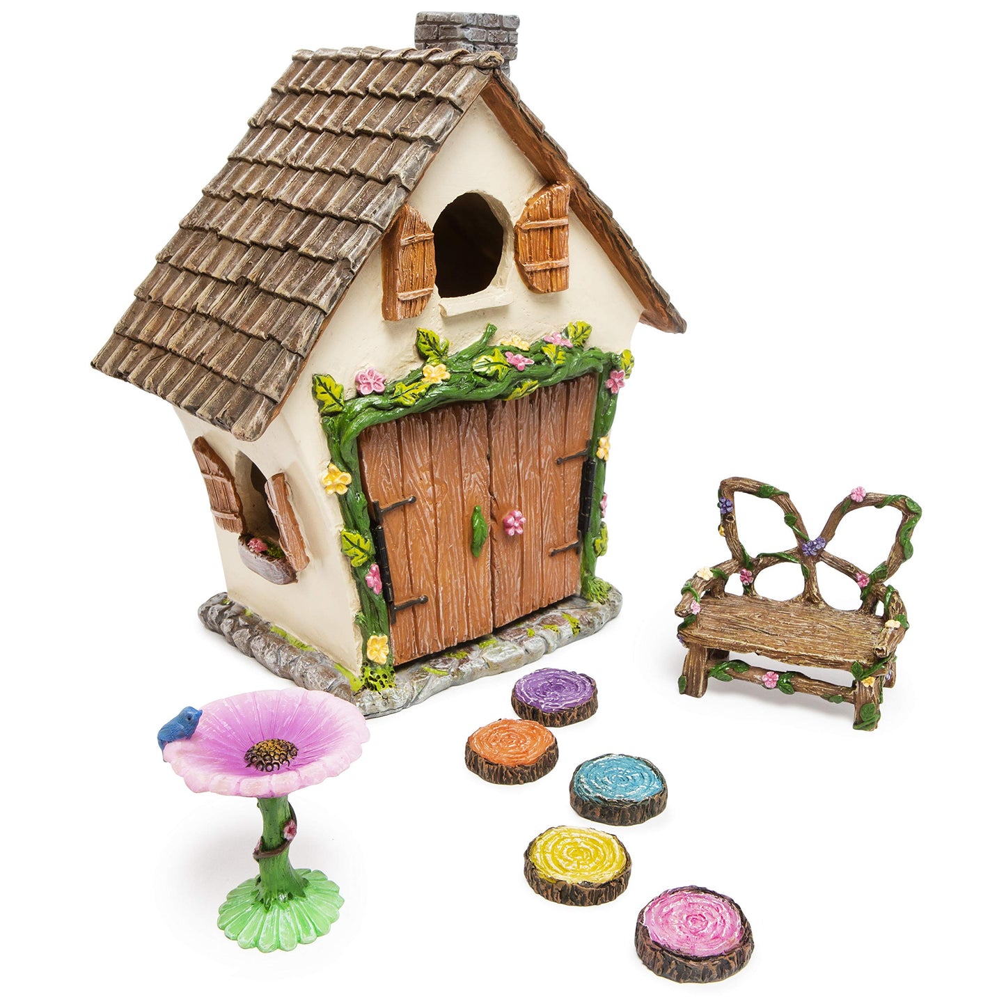 Meadow & Oak Fairy Garden House Kit - Complete with Fairy Garden Accessories, Butterly Seat, Bird Bath, Stepping Stones, Magnetic Door Closure for Indoor/Outdoor Fairy House