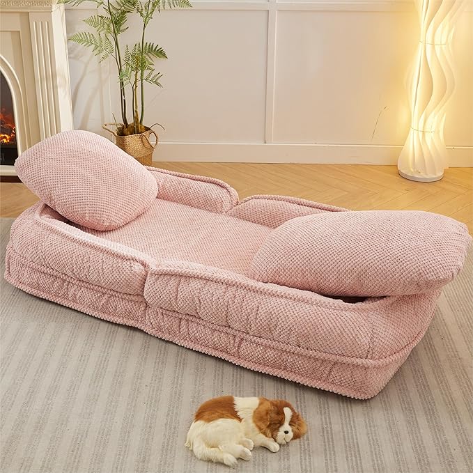 KEIKI Foldable Tatami Lazy Sofa Couch Bed with 5 Adjustable Position, Space Saving Design Human Dog Bed with Cushion Back, Easy Assembly, for Apartment, Living Room, Bedroom, Pink