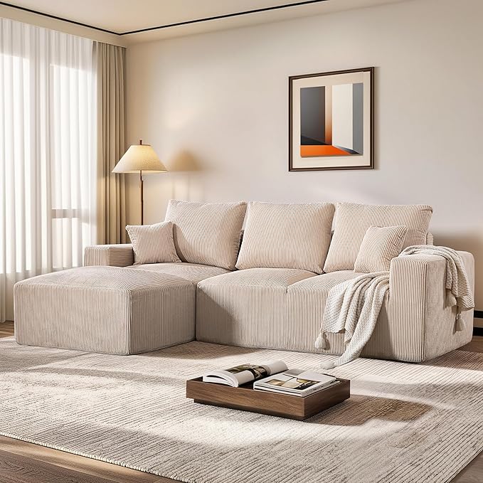 108" Modular Sectional Sofa, Compression Sofa with Deep Seat, Modular L-Shape Couch with Chaise, Upholstered Couches for Living Room Bedroom, No Assembly Required (Oat Corduroy, 108" L Shape)
