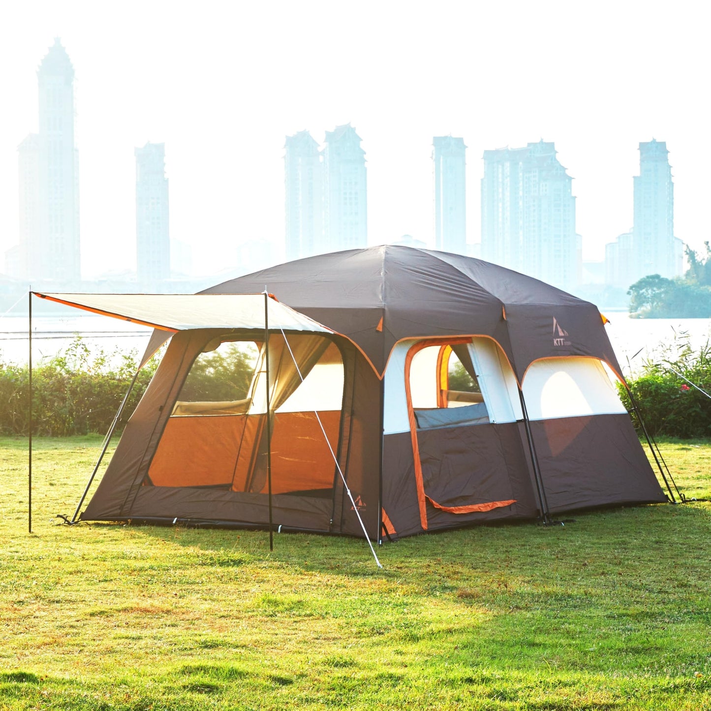 KTT Extra Large Tent 10 Person,Family Cabin Tents,2 Rooms,3 Doors and 3 Windows with Mesh,Straight Wall,Waterproof,Double Layer,Big Tent for Outdoor,Picnic,Camping,Family Gathering(Brown)