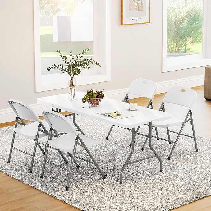 Fenbeli Upgraded 18% Thickened Folding Table 6ft Made of HDPE Plastic, Heavy Duty (25lb), Stable Thicker Legs, Dining Indoor Outdoor for Camping, Picnic and Party, White