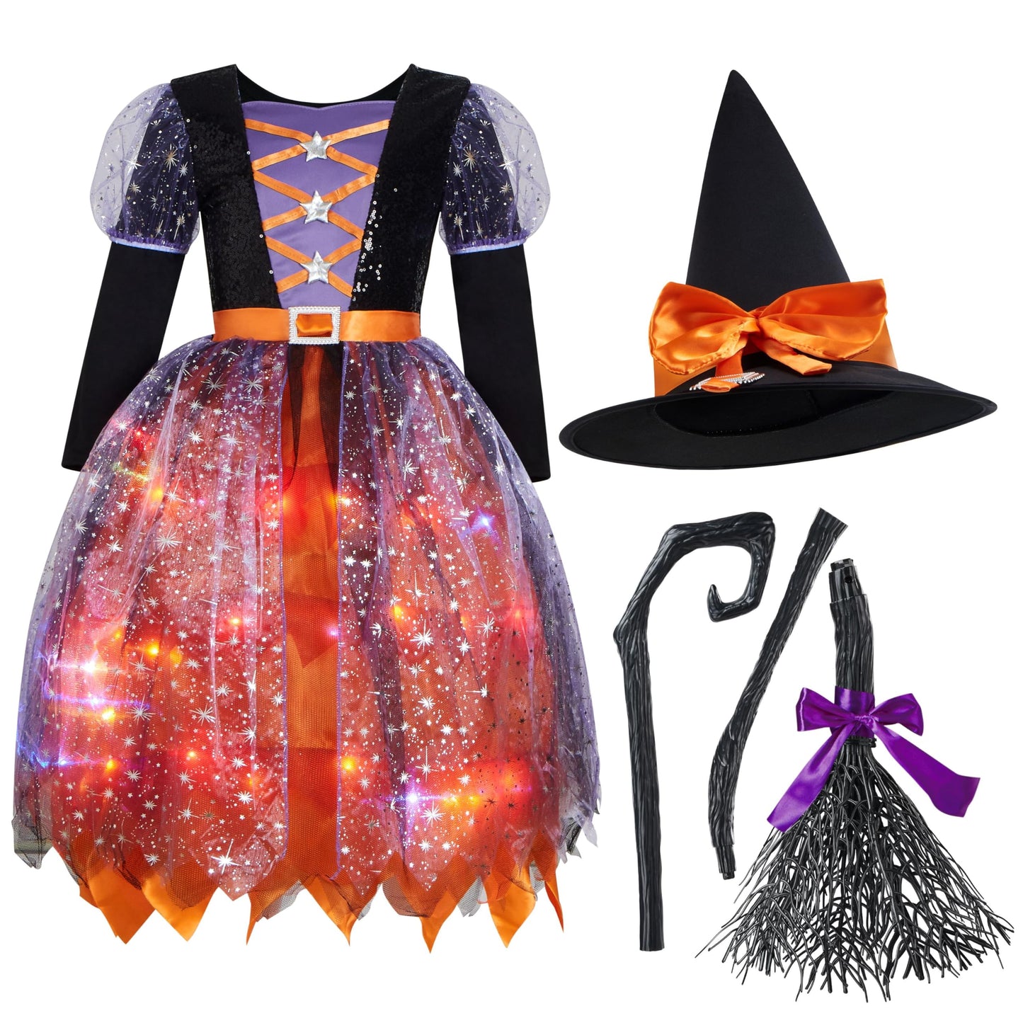 Spooktacular Creations Witch Costume Kids, Light Up Halloween Costumes Witch Dress with Hat and Broom for Girls, Sweet Wizard Set for Toddler Scary Halloween Themed Parties, Orange, M