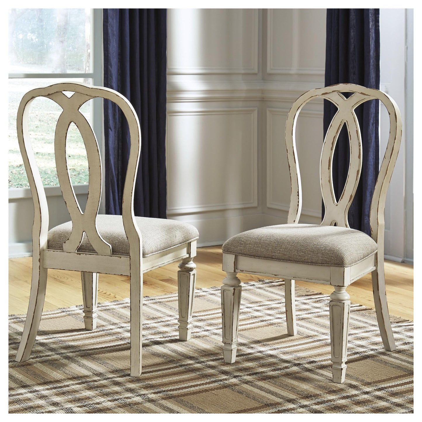 Signature Design by Ashley Realyn French Country Ribbon Back Dining Chair, 2 Count, Chipped White