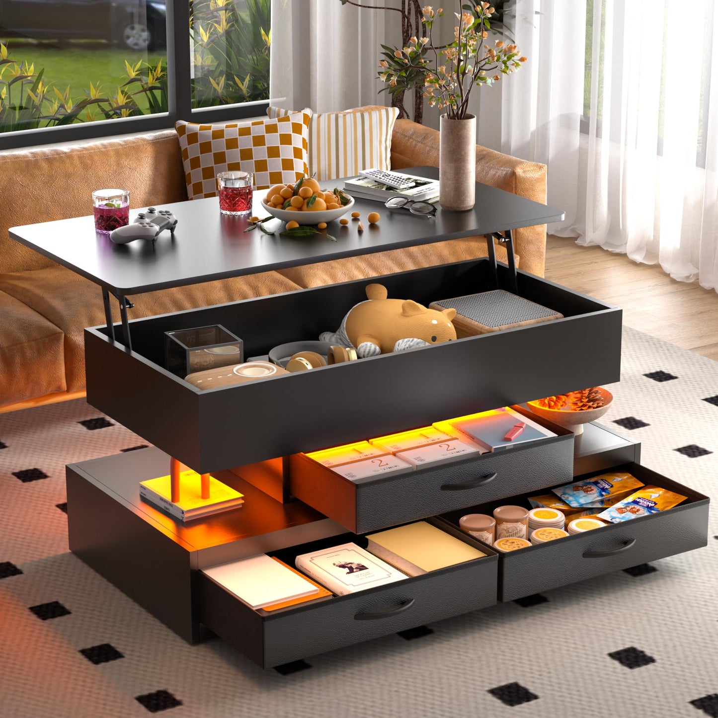 Oransail 40" Lift Top Coffee Table with 3 Fabric Drawers and Hidden Compartmen, LED Coffee Table, Farmhouse Coffee Tables for Living Room, Dining Room