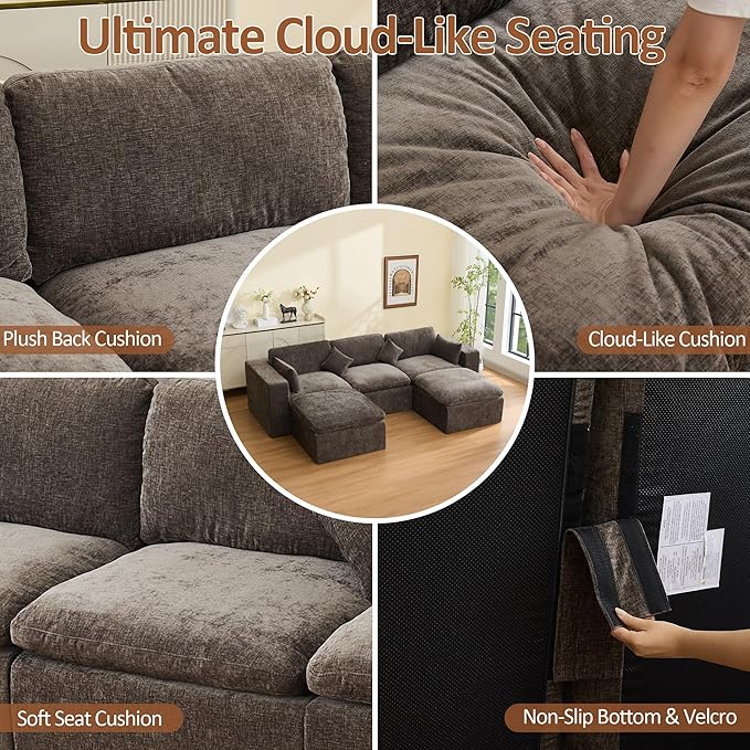 115'' Cloud Boneless Sectional Couch, Modular Sectional Sofa Deep Seat with 2 Ottomans, Oversized Upholstered Convertible Comfy 5 Seater Chenille Sofa U Shape Couches for Living Room, Brown