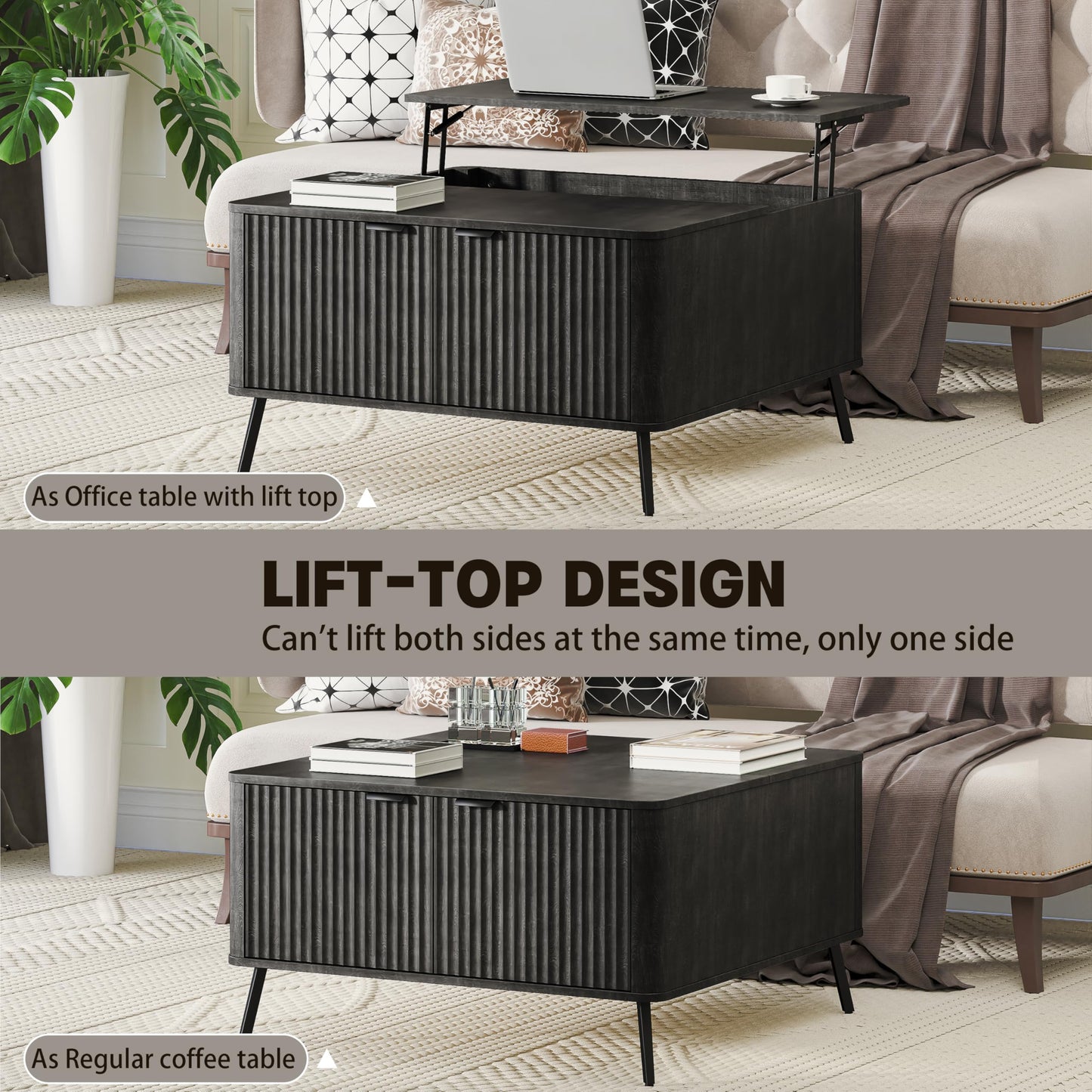 Fatmok Lift Top Coffee Table for Living Room, 35.4" Square Black Coffee Table with Storage Large, Mid Century Modern Rustic Wood Fluted Center Table with Large Hidden Storage Compartment