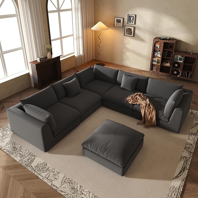 Fajiani Oversized Modular Sectional Sofa, Cloud Couch Deep Seat Sofa Cushion Covers Removable, Oversized Sectional Couches for Living Room (6 Seater V Shaped-Black Gray)