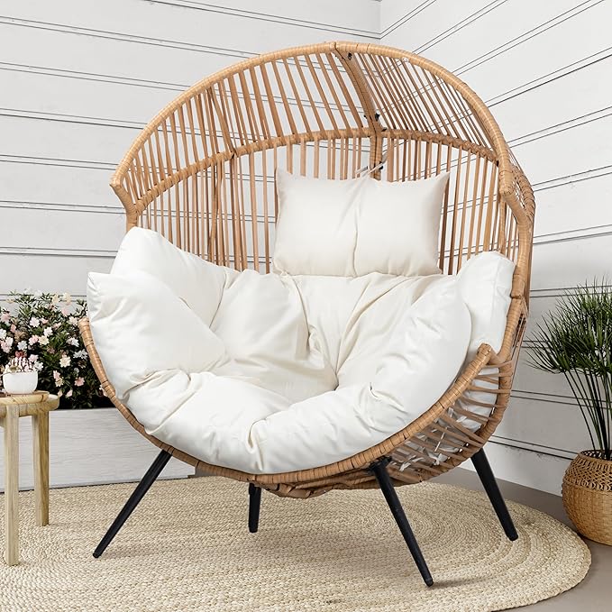 Shintenchi Wicker Egg Chair Outdoor Rattan Patio Chair with Cushion,Oversized Patio Lounge Chairs with Cushion Egg Basket ...