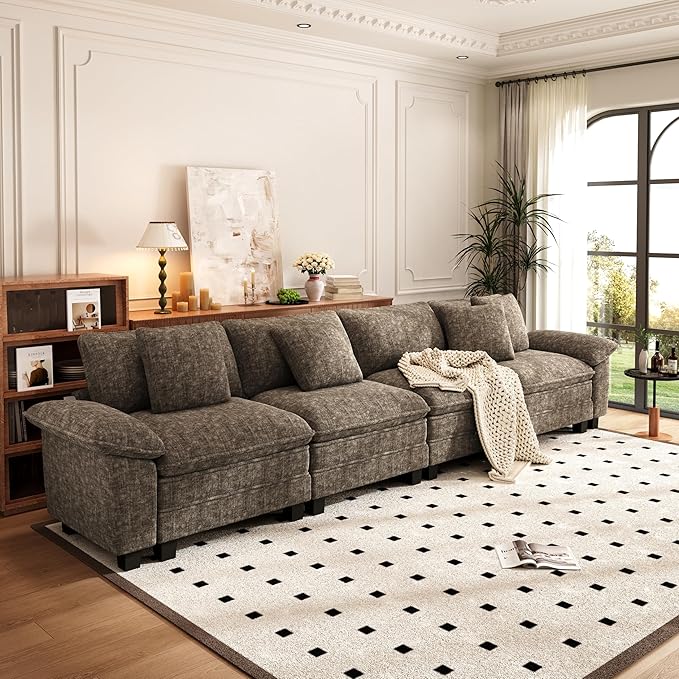 PHI VILLA Cloud Modular Couches Sets, 157.5" Sectional Sofa with Upholstered Deep Seat, 4-Seater Long Couches for Living Room Apartment, Chenille Fabric, Taupe