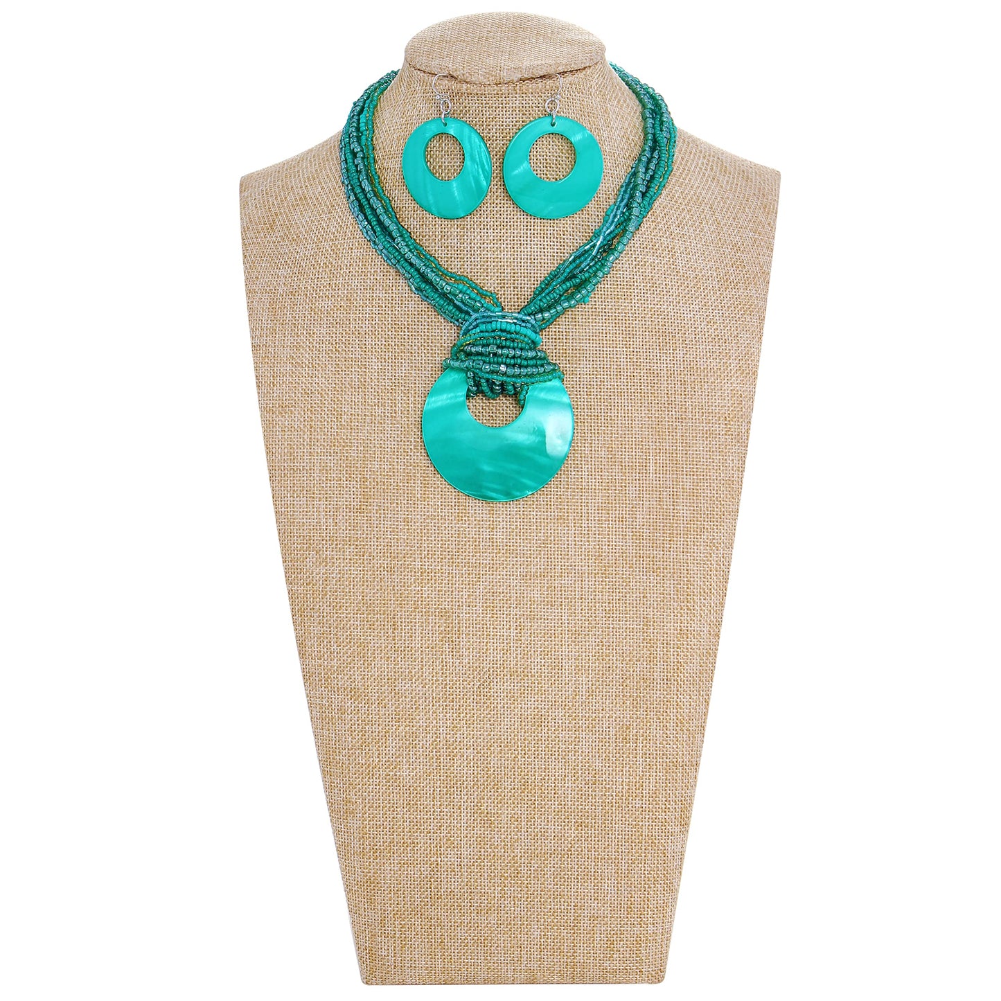 Coiris Multi Strand Statement Colorful Beaded Necklace with Big Circle Shell Pendant for Women (N0055-Teal)
