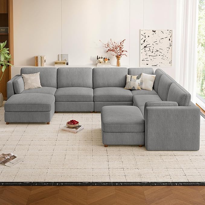 CUGOAO 159'' Modular Sectional Sofa, 8-Seater Oversized U-Shaped Sectional Couch with Ottoman, Deep Seat Chenille Cloud Couch, Mordern Upholstered Couches for Living Room, Apartment, Office, Grey