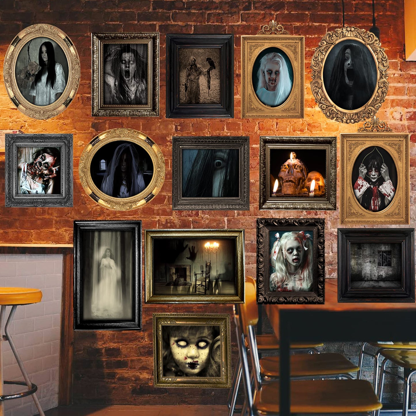 Benjia 15 Halloween Gothic Mansion Haunted Horror Picture Frames, Waterproof Durable, with 80pcs Self Adhesive Dots, Creepy Photo Decorations For Haunted Home Family Castle Masquerade Party