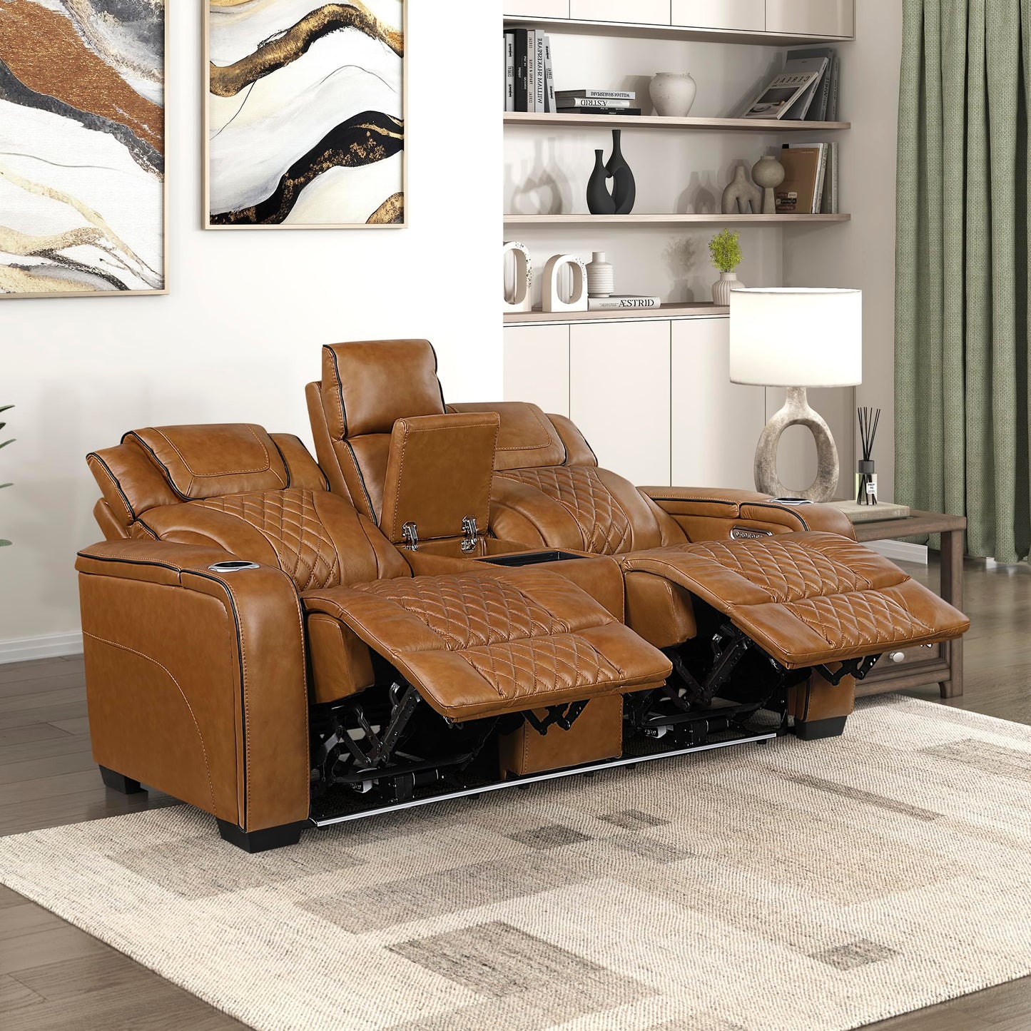 Lexicon Power Double Reclining Loveseat, Center Console/Heat/Massage/Headrest/Storage Arms/Cup Holders/LED Lights/Wireless Charging, Top Grain Leather Match Wall Hugger Recliner Loveseat, Brown