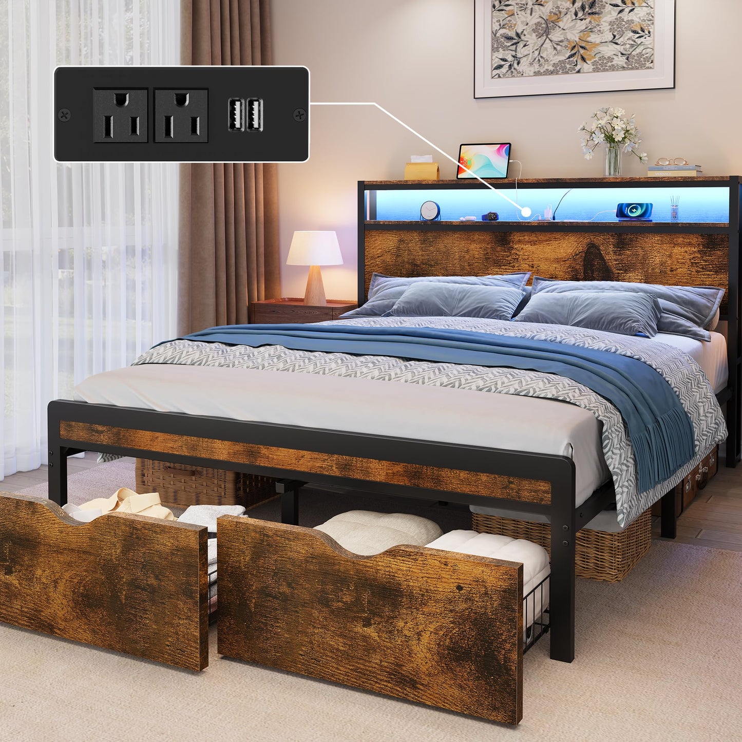 FAVOOSTY Queen Bed Frame with 2-Tier Headboard, Metal Platform Bed Frame with 2 Storage Drawers, LED Lights and Charging Station, Noise Free, No Box Spring Needed, Easy Assembly, Black Brown