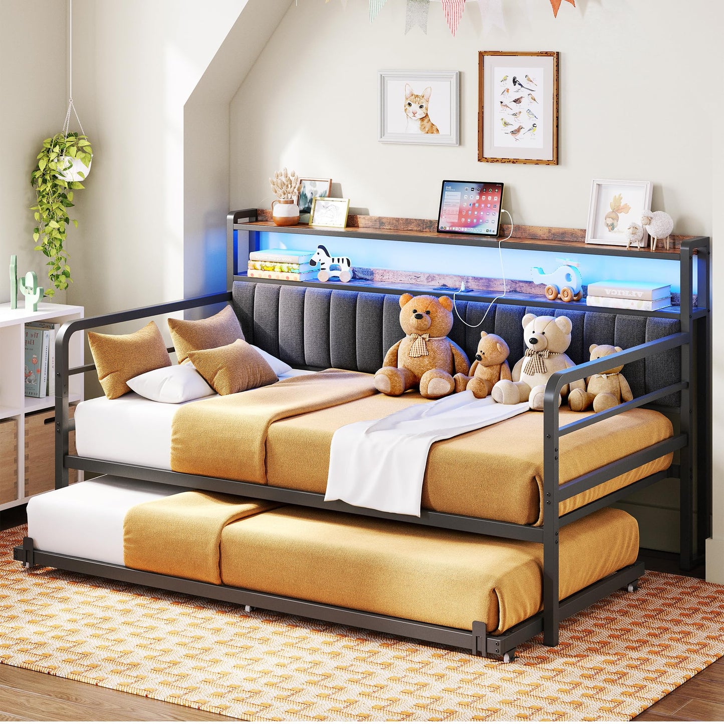 ANCTOR Daybed with Trundle, LED Lights and Charging Station, Twin Size Daybed with 2-Tier Storage Shelves and Upholstered Headboard, Metal Sofa Bed Frame for Living Room, Bedroom, Grey