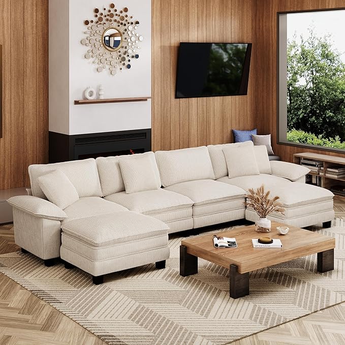 MIXPATIO 157-Inch U Shaped Sectional Sofa with Cloud Cushions, Deep Seat Modular Couch Set w/ 6 Seats & 2 Ottomans, Removable Arms, Plush Corduroy Upholstery for Living Room, Apartment - Beige