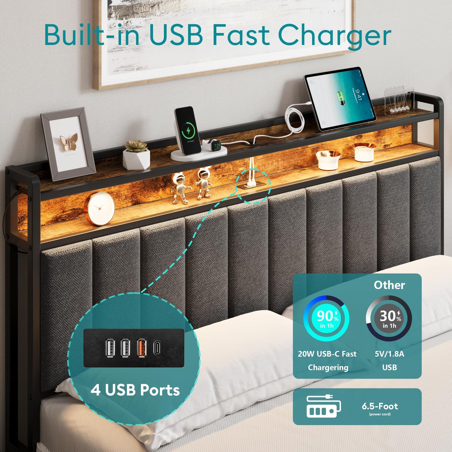 Queen Bed Frame with Storage, Upholstered Bed Frame with LED Lights Headboard and 2 Drawers, Charging Station, Noise-Free, No Box Spring Needed, Easy Assembly, Grey