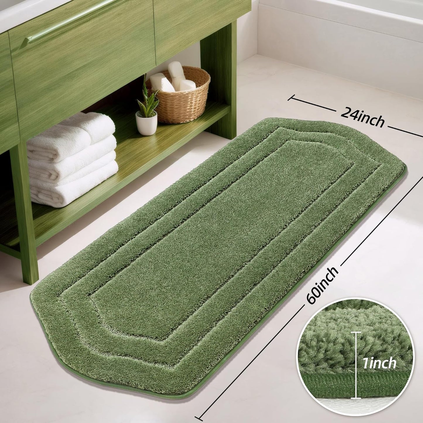 COSY HOMEER Bathroom Rugs Mat 24”x60” Absorbent Non-Slip Bath Mat, Plush Shaggy Bathroom Runner, Machine Washable Large Soft Bath Mats for Bath Floor,Tub and Shower,Green