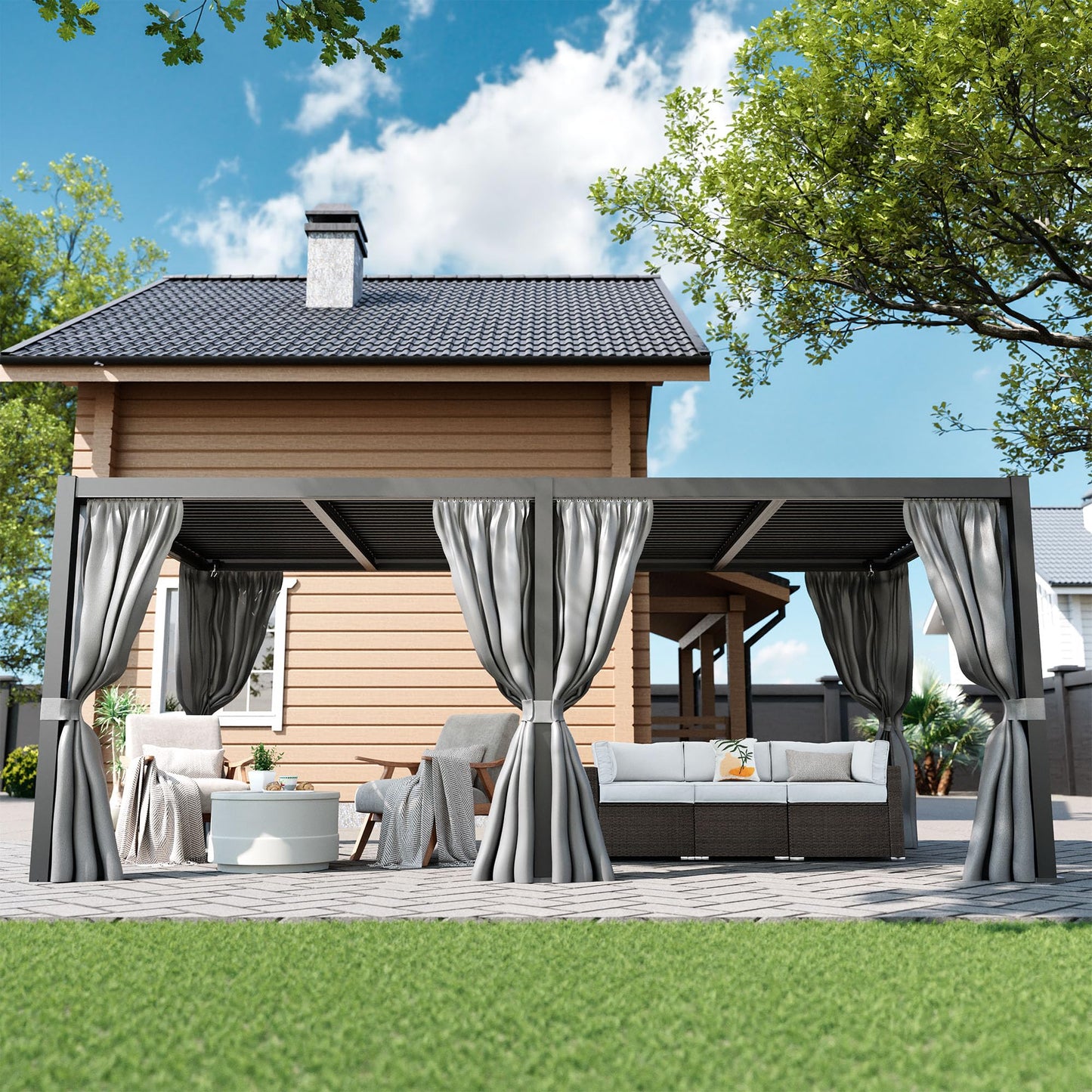 COSIEST 10'X20' Aluminum Louvered Pergola, All-Weather Adjustable Roof with Mosquito-Proof & UV Protection Netting Privacy Curtains for Deck, Backyard, Garden Outdoor Living Space (Black)