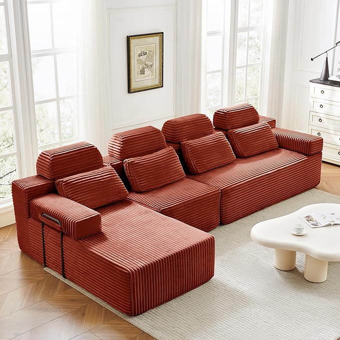 136" L Shaped Cloud Modular Sectional Sofa with Chaise & Headrest, Boneless Deep Seat Plush Corduroy Couches for Large Living Room, No Assembly Required (Orange, 136" L-shapred Chaise)