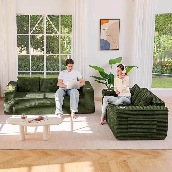 MAXYOYO Boneless Couch and Loveseat Sets for Small Spaces, Mini Love Seat Floor Couch with Cup Holders and Pillows, Upholstered Cloud Couch for Bedroom Apartment, No Assembly Required